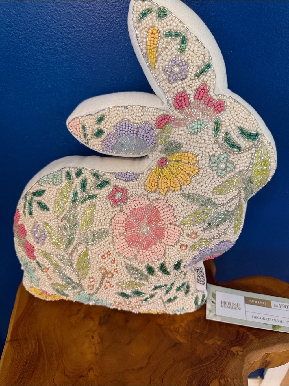 NWT House & Garden Beaded Floral Bunny Rabbit Decorative Pillow